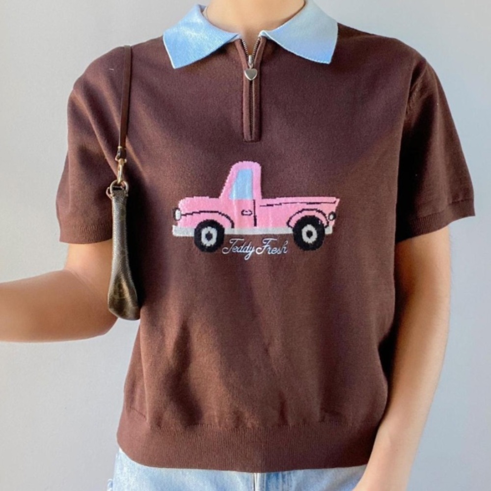 Teddy Fresh Brown Polo Sweater with Pink Truck and Light Blue Collar